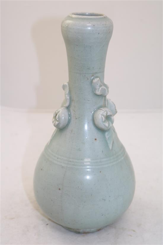 An unusual Chinese Longquan celadon garlic neck bottle vase, Song / Yuan dynasty, 28cm, glaze cracks